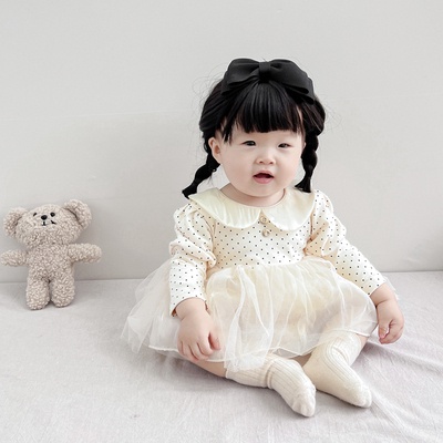 Đầm Công Chúa Tay Dài Họa Tiết Chấm Bi Phối Lưới Thời Trang Mùa Thu Xinh Xắn Cho Bé Gái