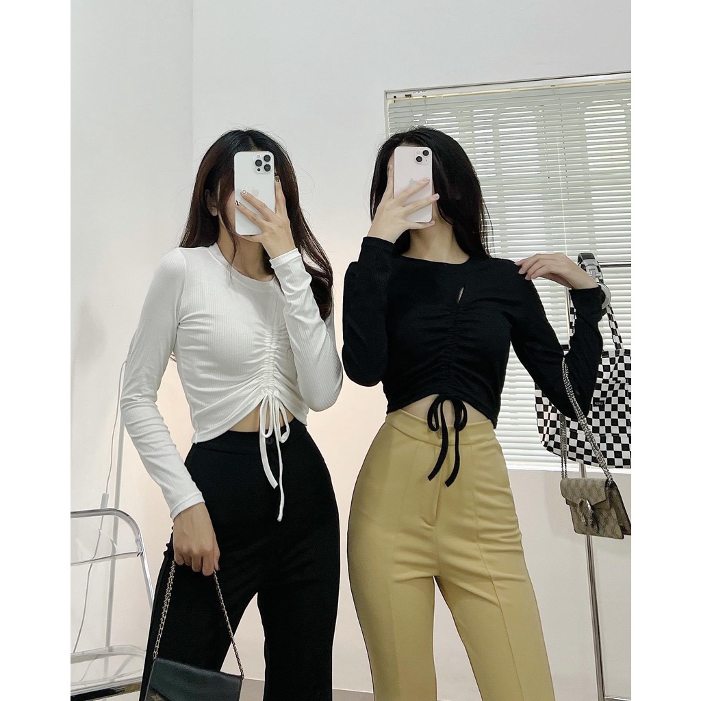 Áo croptop HHVINTAGE kiểu khoét, rút dây