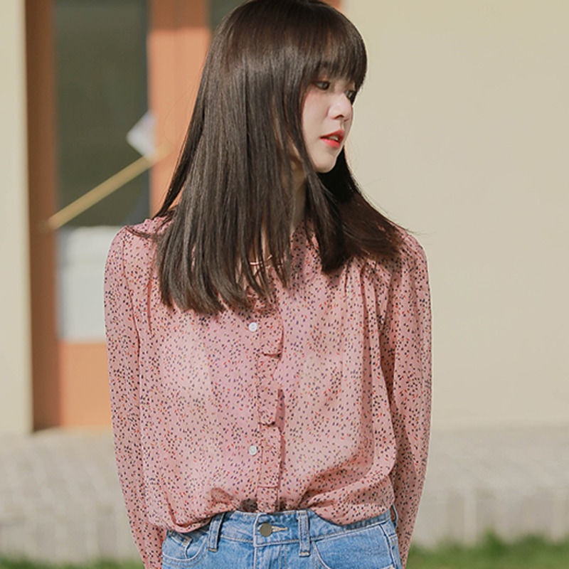 Áo sơ mi chiffon tay dài in họa tiết hoa phong cách retro thời trang