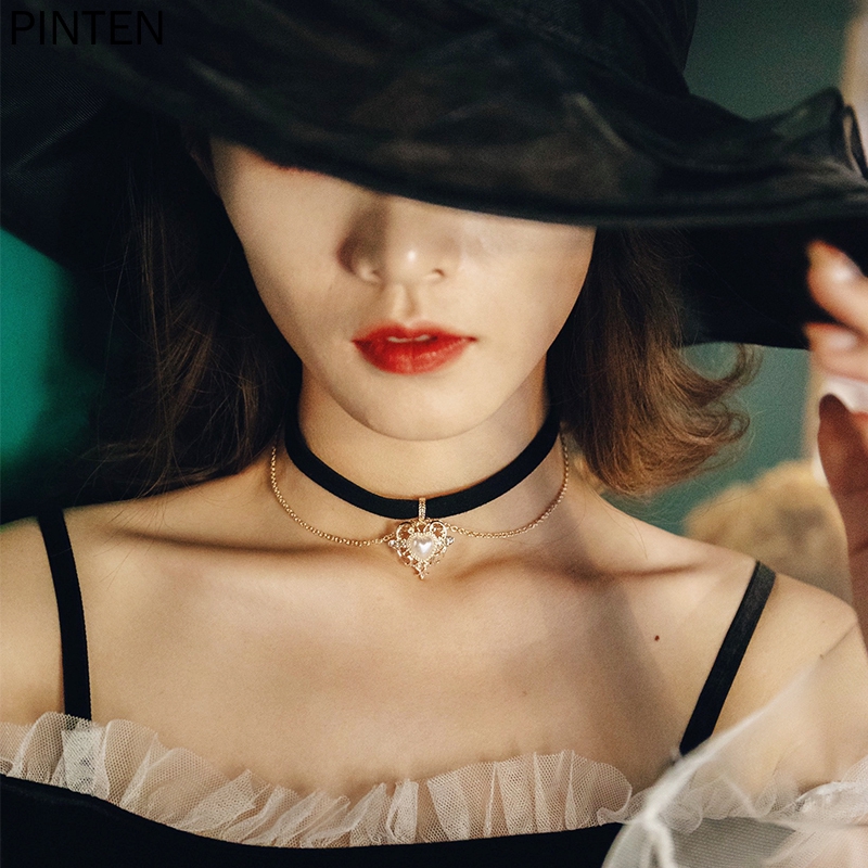 Vòng cổ choker vải nhung mặt hình trái tim thời trang Lolita Hàn Quốc