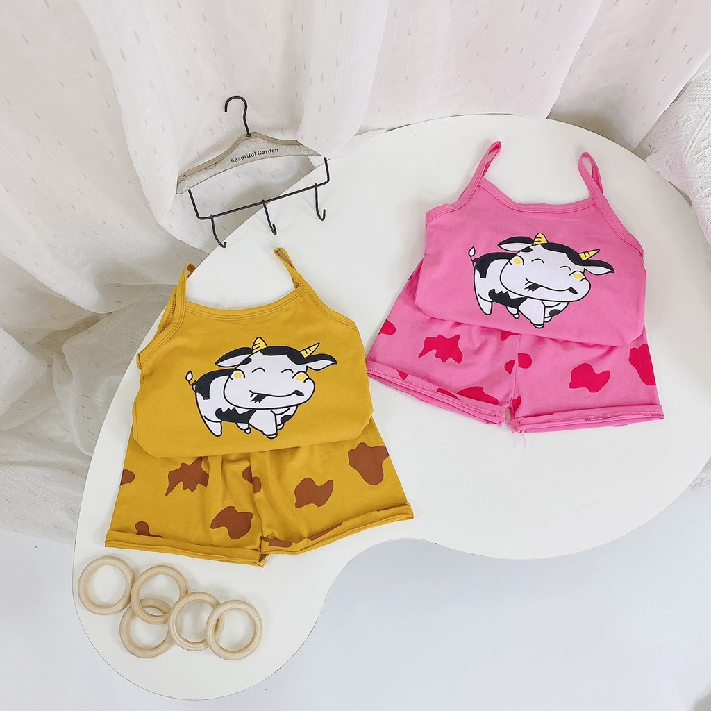 Bộ 2 dây cho bé gái chất cotton hình bò sữa siêu đáng yêu nhiều mà cho be 8-20kg mã QATE A048