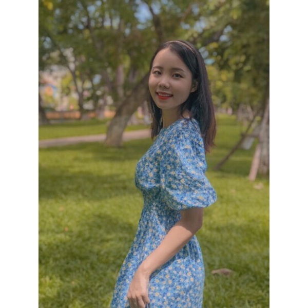 Váy hoa chun eo tay phồng, đầm hoa nhí vitage ảnh thật khách mặc | BigBuy360 - bigbuy360.vn