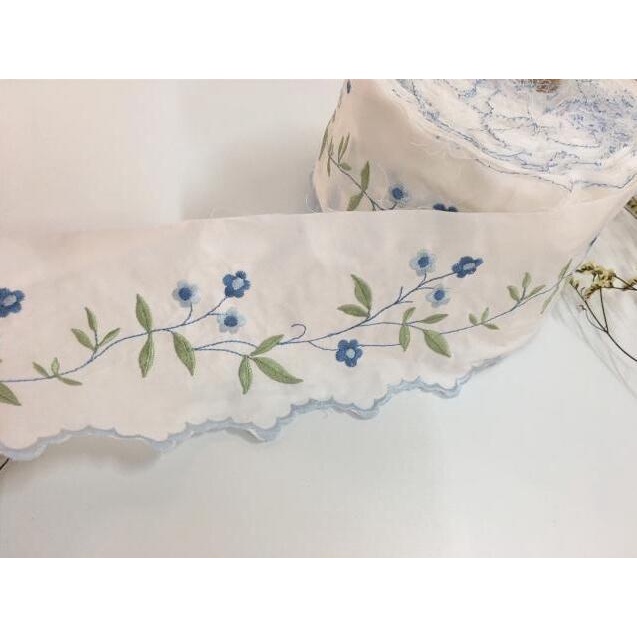 1m Vải Ren Cotton Thêu Họa Tiết Màu Trắng Và Xanh Dương Trang Trí Bàn Ăn