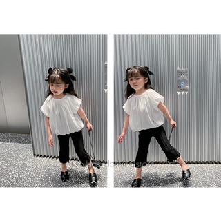 Set áo trắng tay bồng quần dập ly bé gái