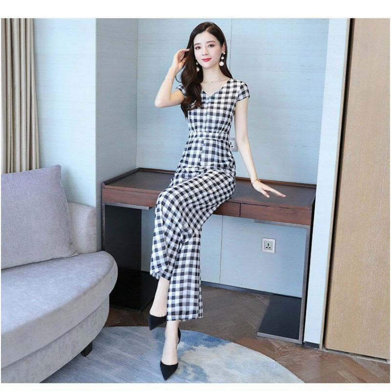 Jumpsuit Dài, Đồ Bay Caro Cổ V Tay Con, Vải Đũi Lụa Lót Thun Mát Mẻ, May Kĩ, Form Chuẩn