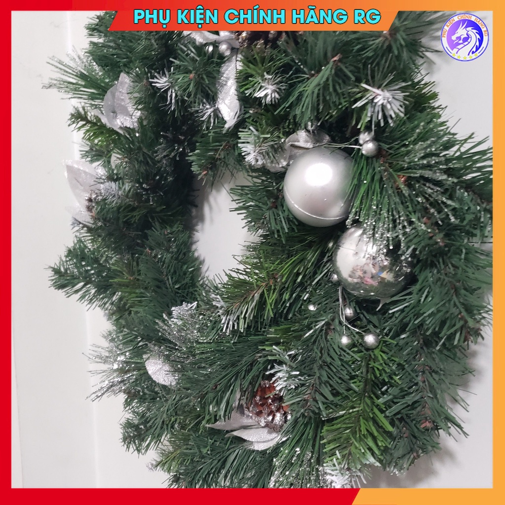 Vòng treo cửa giáng sinh vòng nguyệt quế trang trí noel giá rẻ đẹp lung linh màu xanh bạc