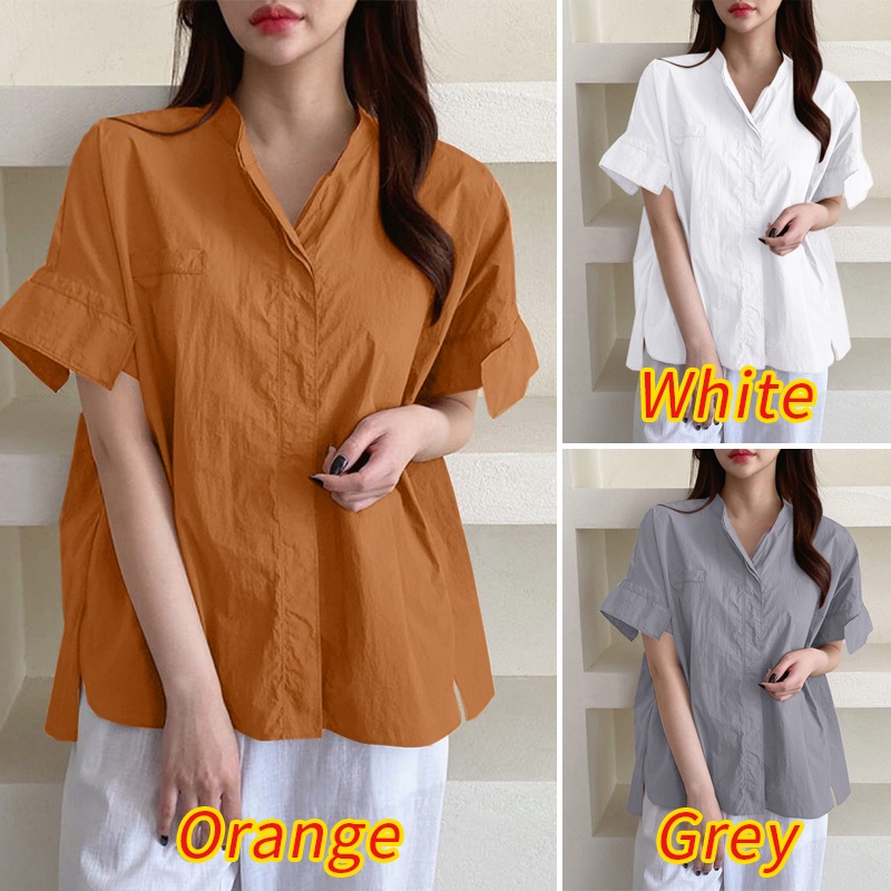 Áo sơ mi ZANZEA tay ngắn cổ đứng thiết kế xẻ tà phong cách thời trang dành cho nữ