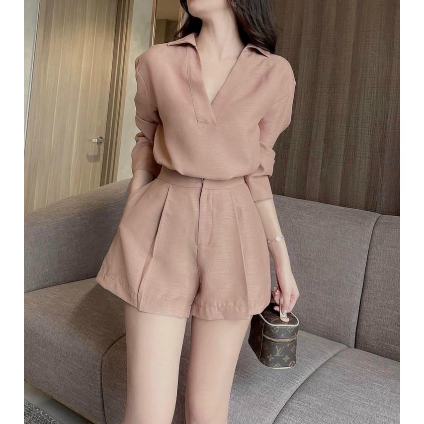 Sét bộ thời trang nữ áo sơ mi cổ V tay dài phối quần đùi đa dạng màu sắc (Hồng, Xám, Vàng, Nâu).