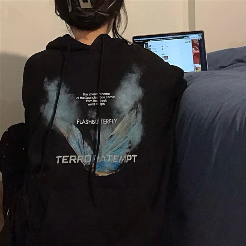 ZHELIHANGFEI Áo Hoodie Tay Dài Dáng Rộng In Hình Bướm Khói Phong Cách Học Sinh
