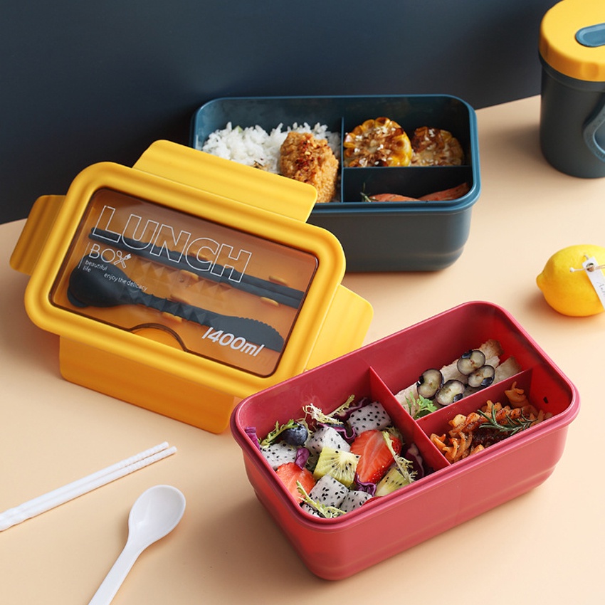 Hộp Đựng Cơm Văn Phòng Giữ Nhiệt LUNCH BOX 3 Ngăn 1400ml – Dùng Được Lò Vi Sóng – Tặng Kèm Móc Treo