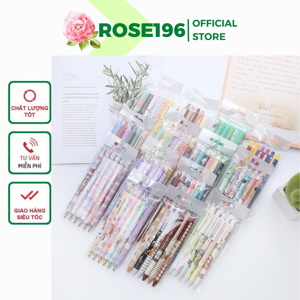 Sét 6 bút bi bấm mực đen ROSE196 siêu xinh tiện dụng