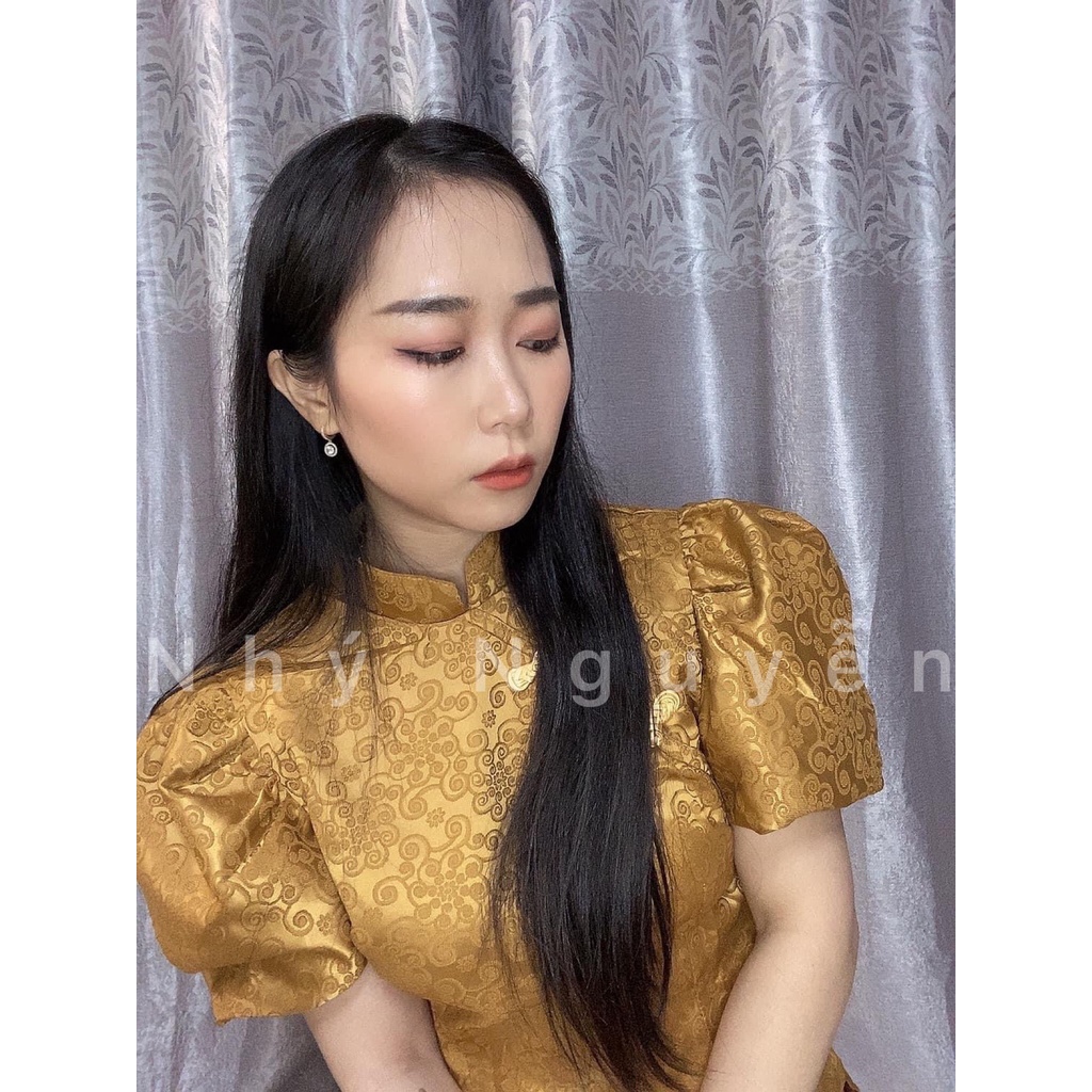 Bộ Đi Lễ Chùa Nữ Đồ Lam Đi Chùa Lụa Gấm Nổi Cao Cấp Tay Phồng