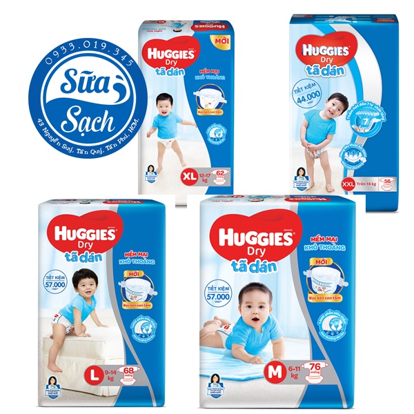 TÃ DÁN HUGGIES M76/L68/Xl62/XXL56 (mẫu mới có đệm mây)