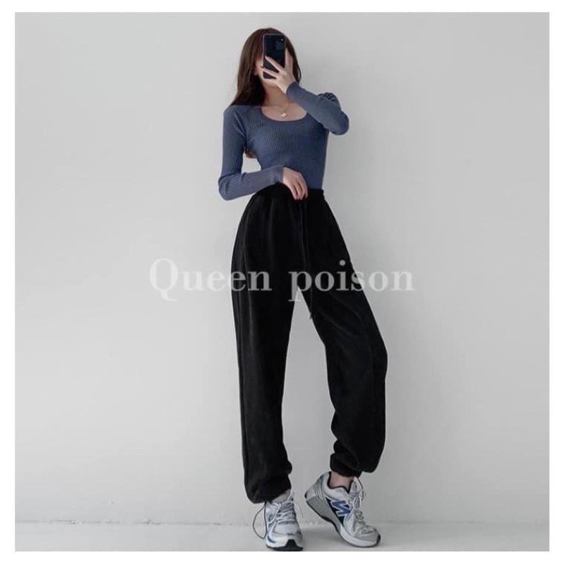 Quần Jogger Nỉ Thêu SPUN Ulzzang Quần Bom Bo Chun Cá Tính vải da cá