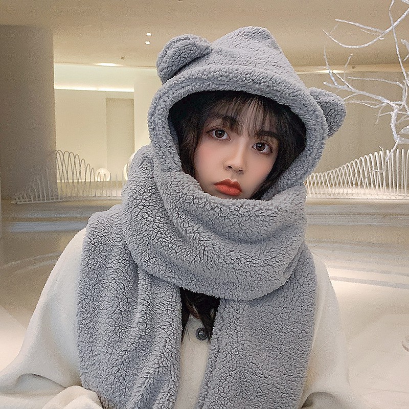 Mũ len gấu lông cừu trùm đầu cho nữ cực ấm có quàng cổ