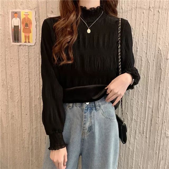 Áo Ren Tay Dài Cổ Cao Thời Trang Dành Cho Nữ