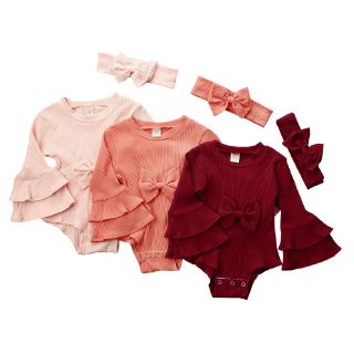Set áo len liền quần tay loe nhún bèo màu trơn kèm băng đô đáng yêu cho bé gái