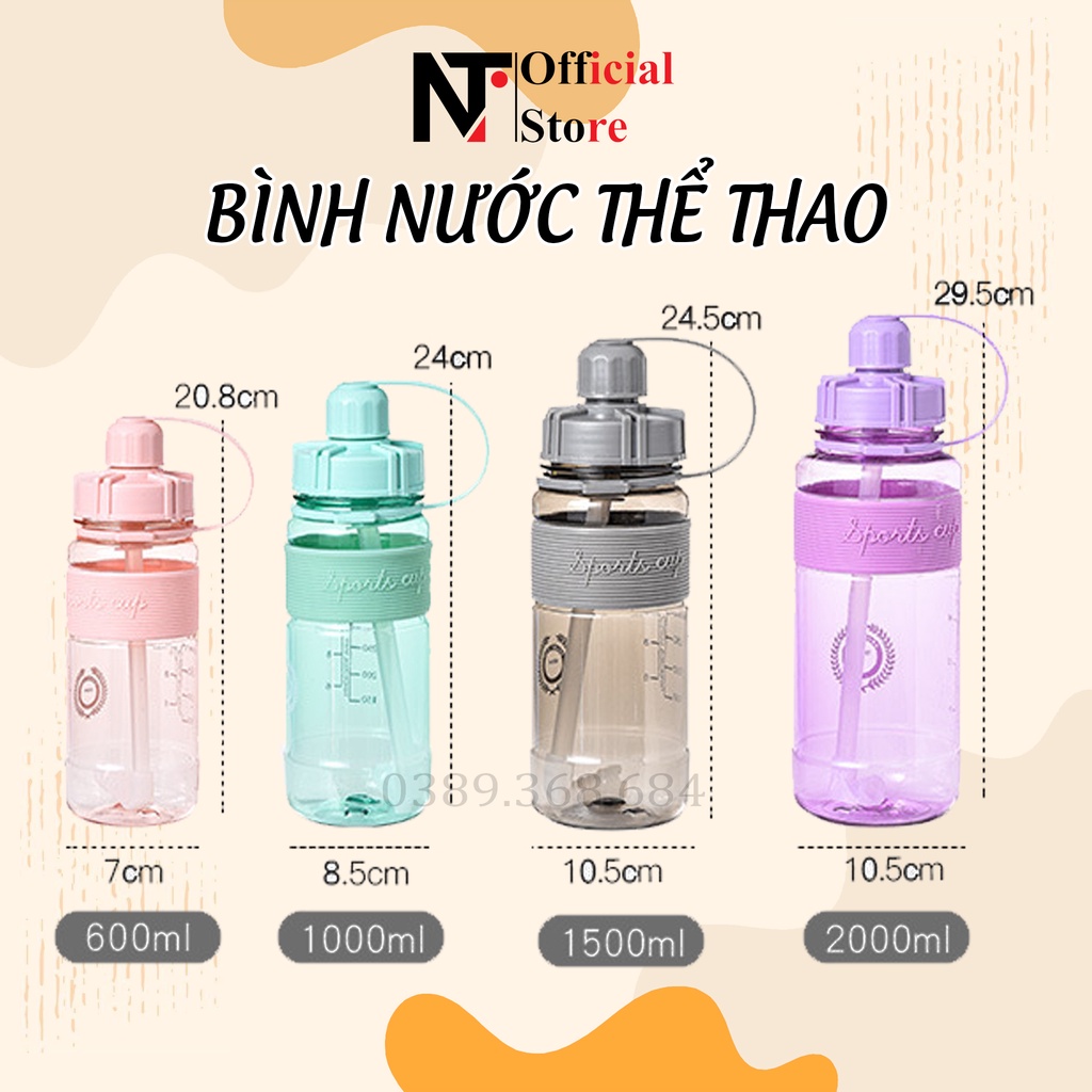 Bình đựng nước phong cách  thể thao, có dây đeo và ống hút tiện lợi - NT Store