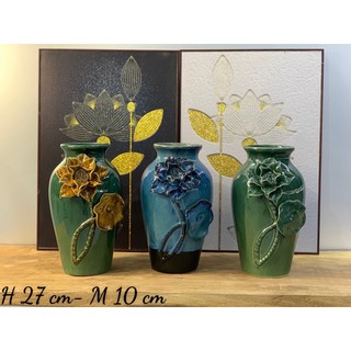 Lọ hoa men hoả biến Bát Tràng đắp nổi hoa sen