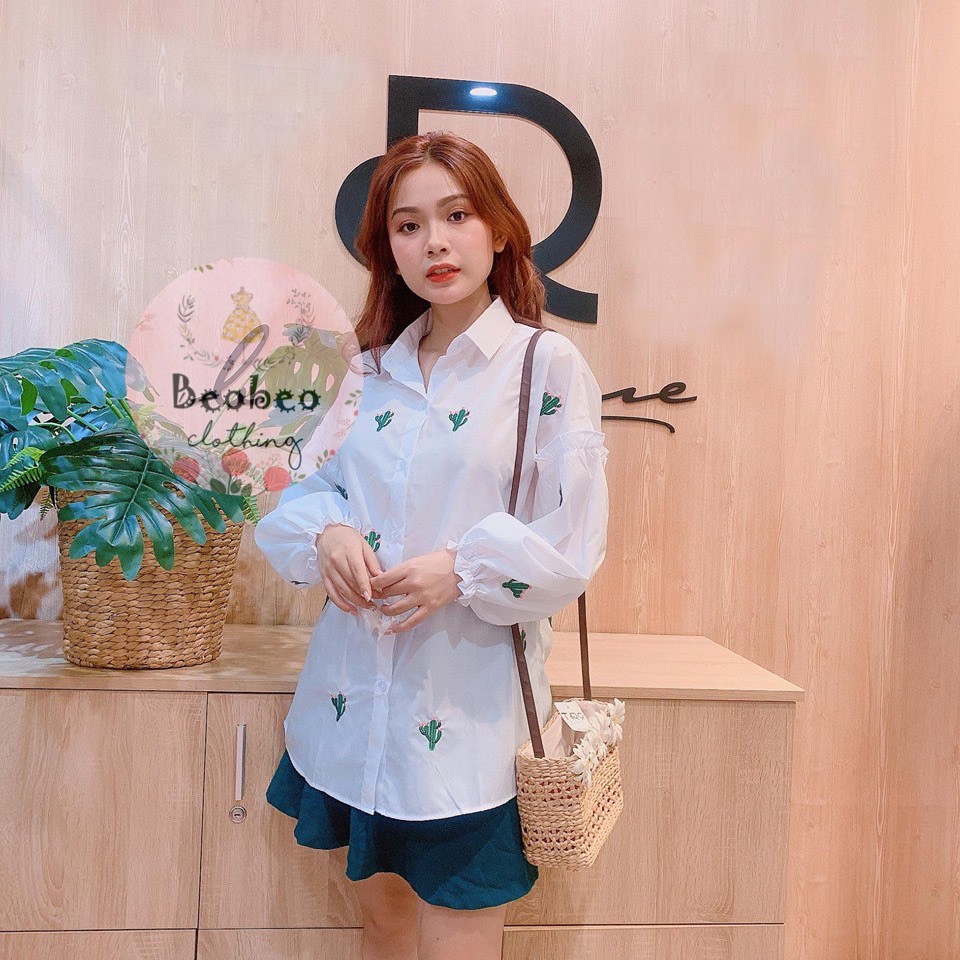 [Ảnh thật] Áo sơ mi thêu hình xương rồng tay bo ulzzang | BigBuy360 - bigbuy360.vn