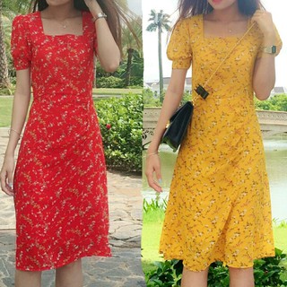 Đầm hoa cổ vuông tay phồng