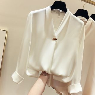 Mùa Xuân 2020 Áo Sơ Mi Trắng Tính Khí Mỏng Hơn Nhìn Cổ Chữ V Dài Tay Rời Màu Trơn Áo Sơ Mi Nữ Siêu Cổ Tích Top