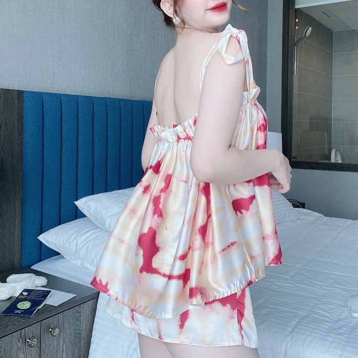 Đồ Ngủ Sexy Nữ SOJUN Bộ Mặc Nhà , Bộ Đùi Satin Nhún Bèo 40-70 kg