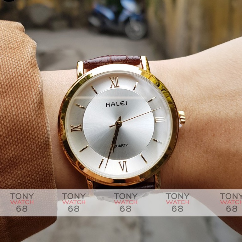 Đồng hồ nam Halei dây da mặt đồng tâm siêu mỏng mạ vàng chống nước chính hãng Tony Watch 68