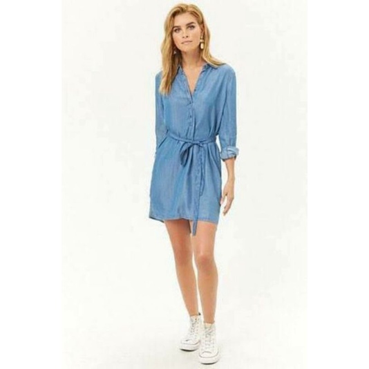 Denim collared shirt dress f21 vnxk đầm sơ mi jean giấy tay dài form suông forever 21 xuất khẩu dư xịn
