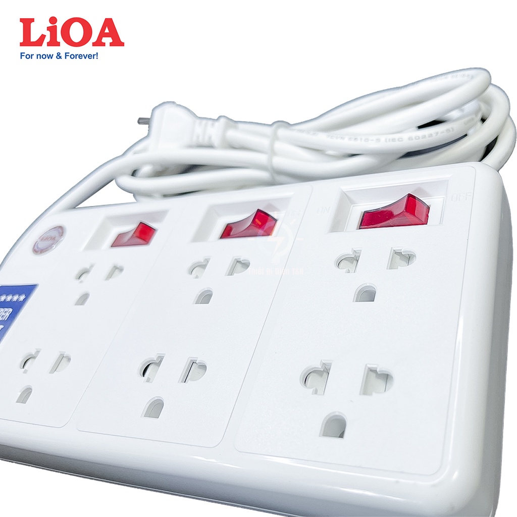 Ổ cắm điện công suất lớn, ổ cắm chịu tải 3300W, cao cấp, LIOA, 6 ổ cắm đa năng, 3 công tắc, 6SS2.5-2