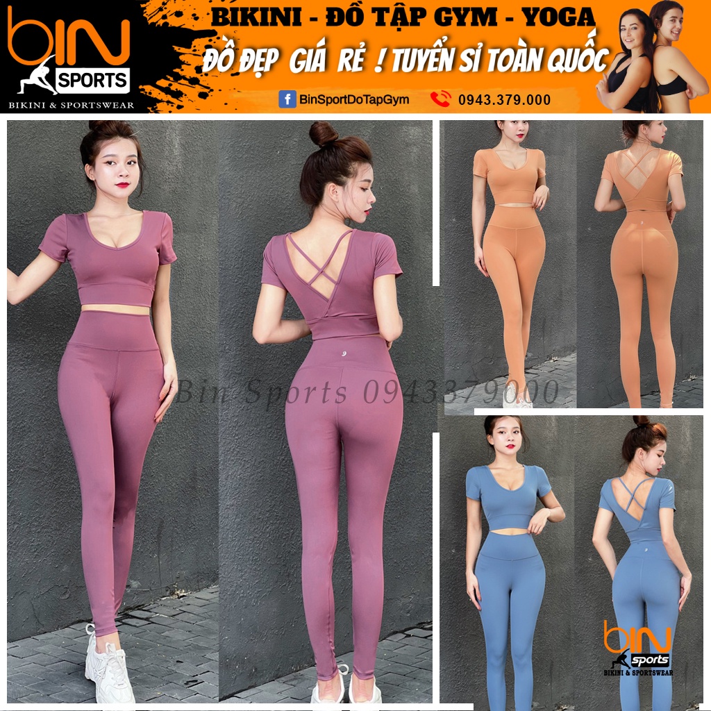 Đồ tập thể thao gym yoga nữ, set bộ áo crop ngắn tay kèm mút quần dài cao cấp Bin Sport BD157