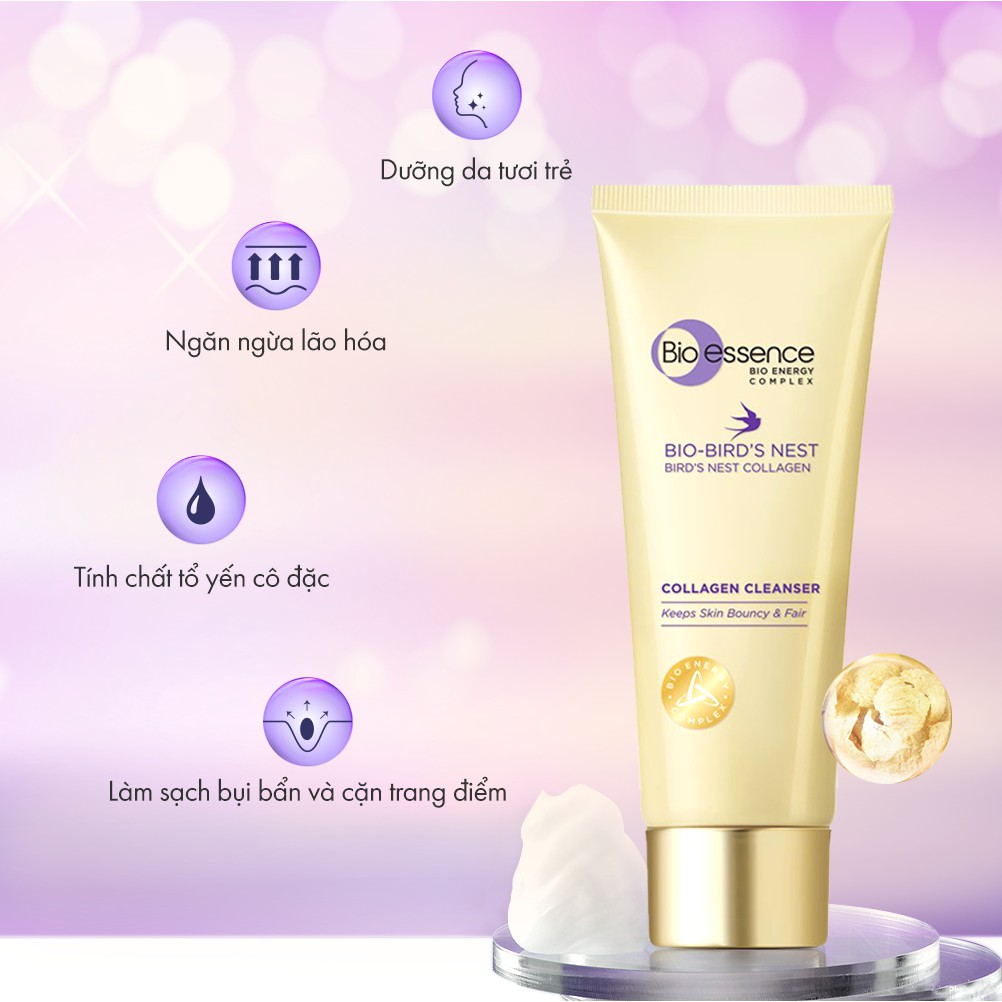 Sữa rửa mặt dưỡng da tươi sáng và căng mọng Bio-essence Bio-Bird's Nest Collagen Cleanser 100g