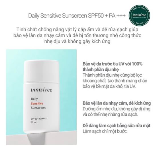 Kem chống nắng hàng ngày dịu nhẹ innisfree Daily UV Protection Essence Sensitive SPF50+/PA+++ 50ml