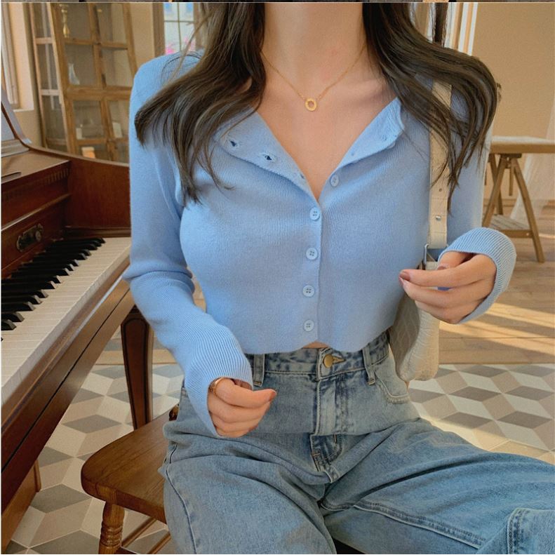 Áo Croptop Nữ Tay Dài Vải Thun Gân Co Dãn  Phối 6 Cúc Phong Cách Ulzzang-YC