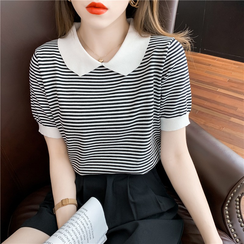 Áo thun polo dệt kim ZHELIHANGFEI tay ngắn vải lụa lạnh họa tiết kẻ sọc thời trang dễ thương cho nữ