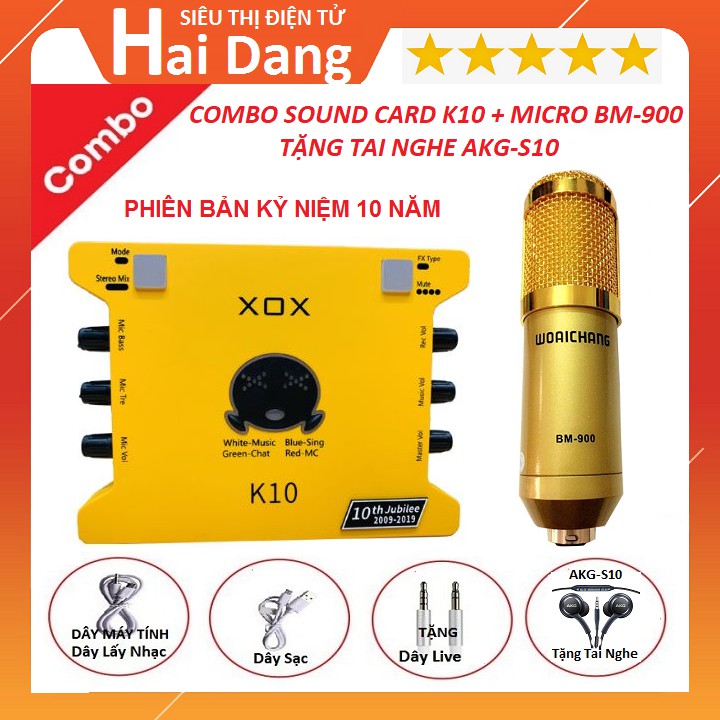 Bộ Sound Card K10 Bản Kỷ Niệm 10 Năm, Micro Thu Âm Livestream Bm 900 - Tặng Tai Nghe AKG-S10