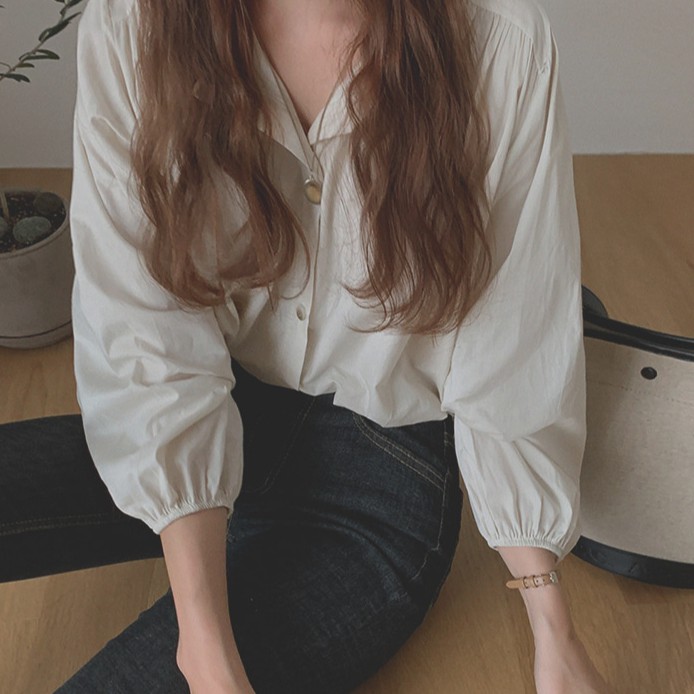 Áo sơ mi Peppermint 36636 tay dài cổ vuông màu trơn đơn giản thời trang cho nữ