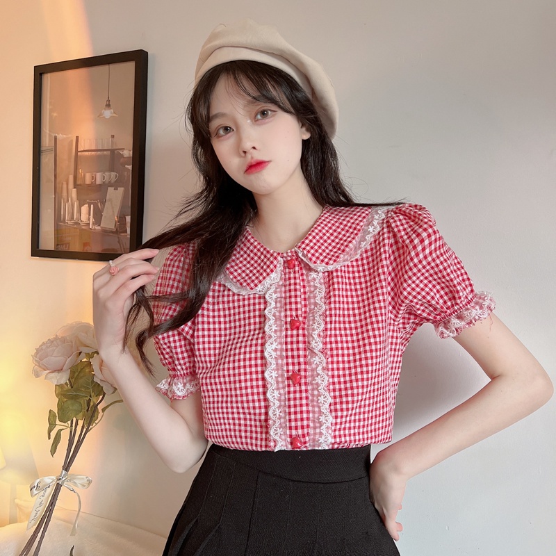 Áo Sơ Mi Tay Ngắn Cổ Búp Bê Họa Tiết Kẻ Ô Dễ Thương Dành Cho Nữ
