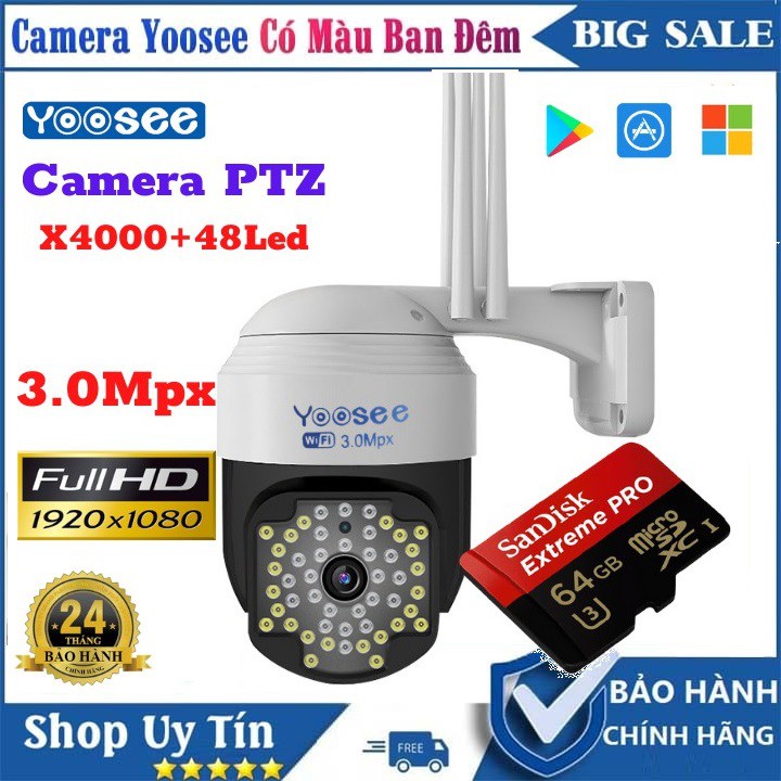 Camera Wifi - Camera Wifi Yoosee PTZ X4000 - 3.0 Mpx - 48Led - Xoay 360 Độ,Đàm Thoại 2 Chiều,Xem Đêm Có Màu [ BH 5 Năm]