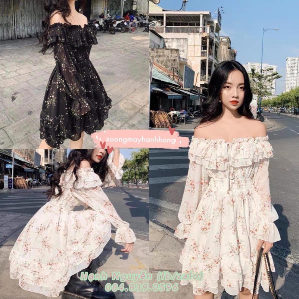 Váy trễ vai hoa nhí ullzzang dài tay 2 lớp - Váy công chúa trễ vai ullzzang ảnh thật - Xưởng May Hạnh Hồng 💃