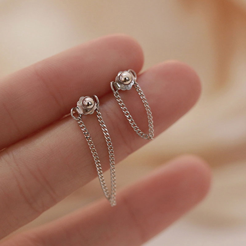Ahellogirl Mạ Bạc Hoa tai kim loại phối chuỗi xích phong cách Hàn Quốc cá tính hợp thời trang