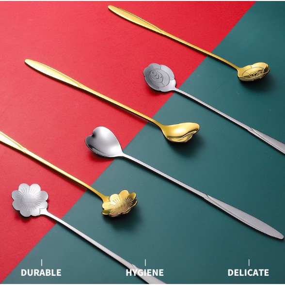 MUỖNG CÀ PHÊ ,KEM CÁN DÀI  INOX  NHIỀU HỌA TIÊT HOA ĐẸP