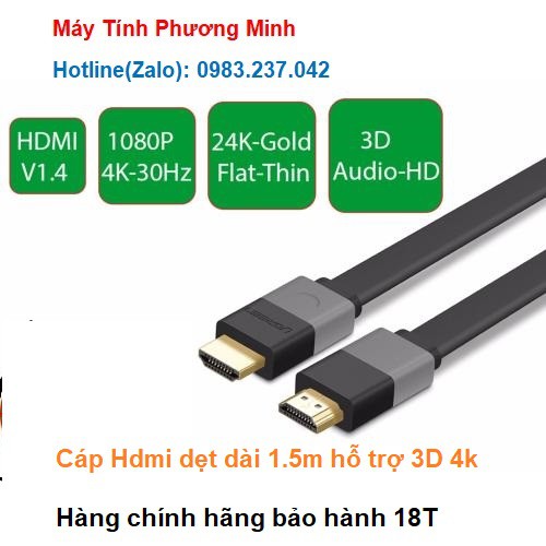 [Mã ELHACE giảm 4% đơn 300K] Dây HDMI Dẹt 1.5m Lõi Đồng cao cấp Ugreen 30109 - Bảo hành 18 tháng