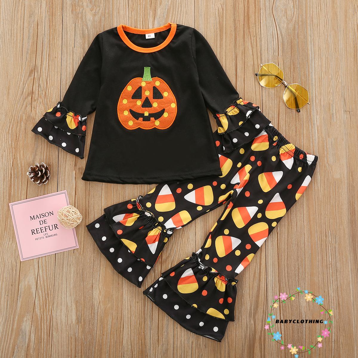 Set Áo Tay Dài + Quần Dài Hoạ Tiết Bí Ngô Halloween Cho Bé Gái