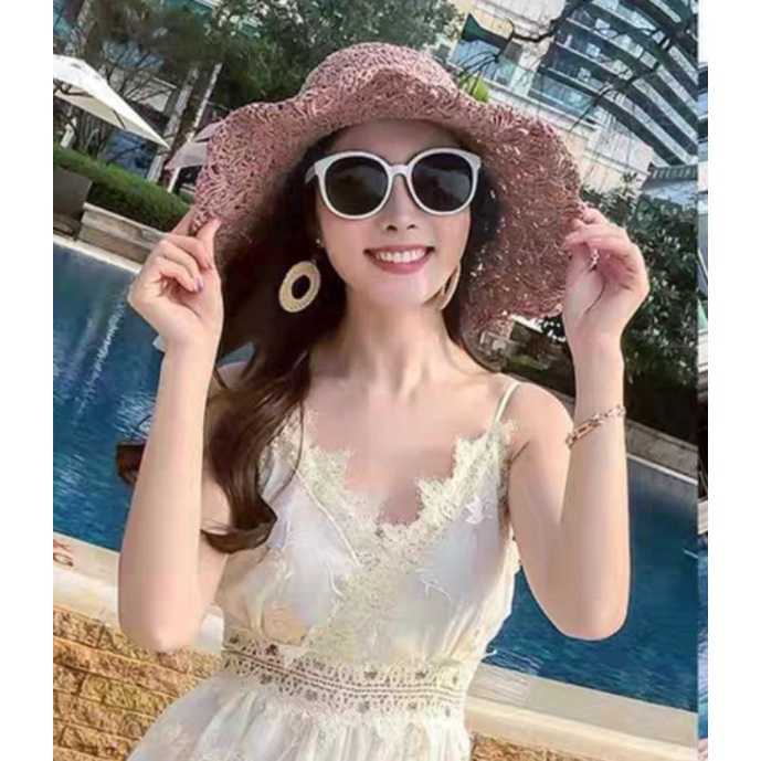 Nón đi biển mũ cói rộng vành nữ Panama gấp gọn thời trang Hàn Quốc