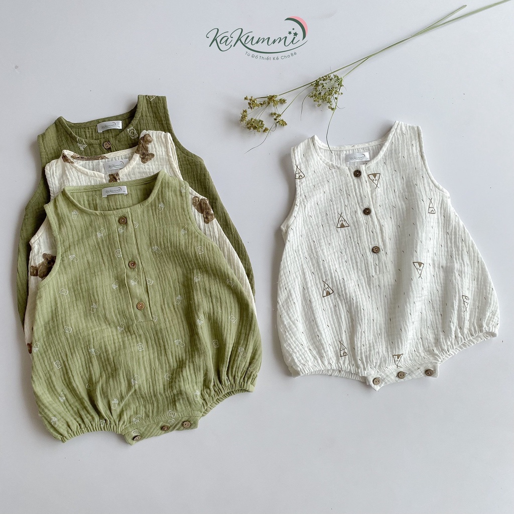 Body chip ba lỗ unisex chất xô muslin, body sát nách cho em bé trai gái BD006 Kakummi