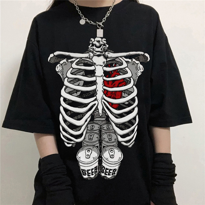 Brroa Áo Thun Tay Ngắn In Hình Bộ Xương Phong Cách Harajuku Nhật Bản Cho Nam Nữ