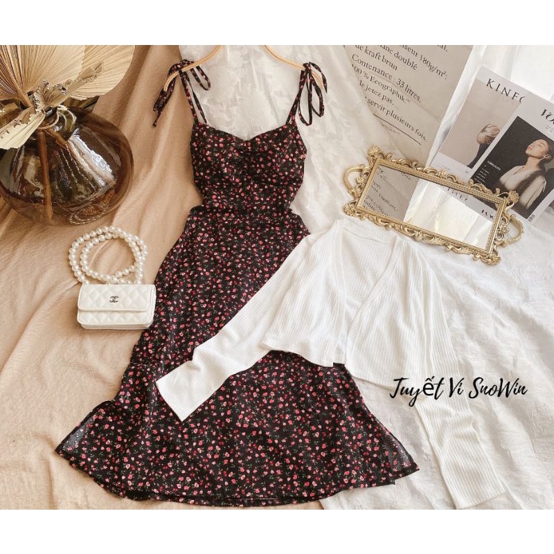 SET ĐẦM MIDI HOA 2S + KHOÁC CROP  🌼