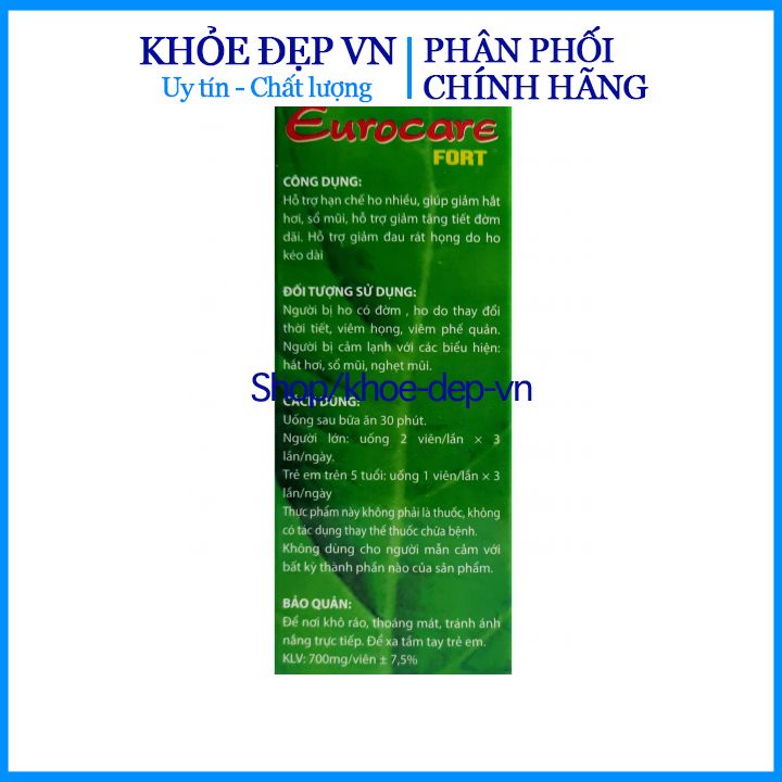 Eurosca Dùng hỗ trợ giảm các chứng ho, đau họng, sổ mũi, cảm cúm. Sát trùng đường hô hấp ( Hộp 10 viên)