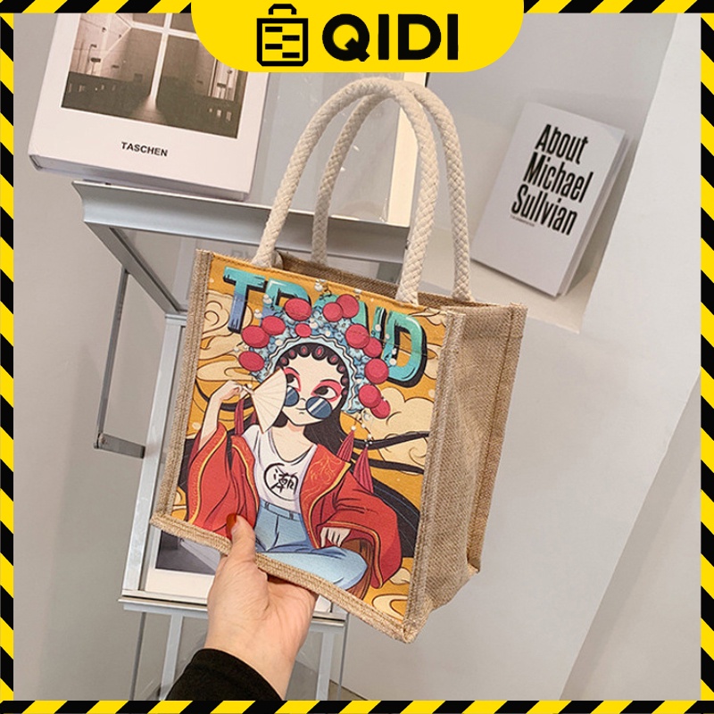 Túi Cói Tote Mini Nhiều Hình Phong Cách Vintage Tiện Dụng Siêu Đẹp In Hình Cô Gái Trung Hoa Trend